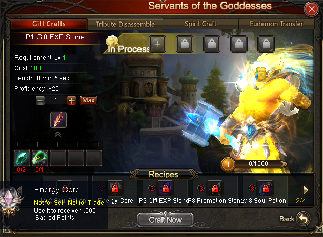 Servants of the Goddesses crafting bench creating P1 Gift EXP Stones from Energy Cores.