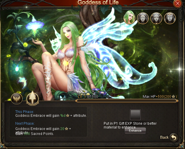 Goddess Phase upgrade panel — slotting a P1 Gift EXP Stone to advance the next phase.